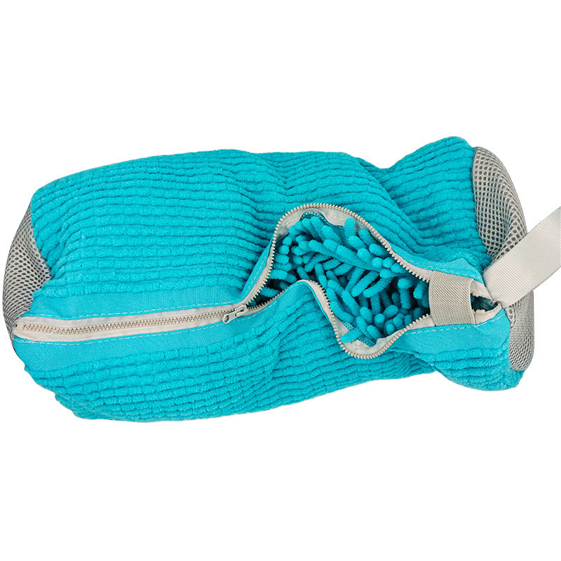 Open blue chenille shoe-wash bag with a zip closure and mesh end panels